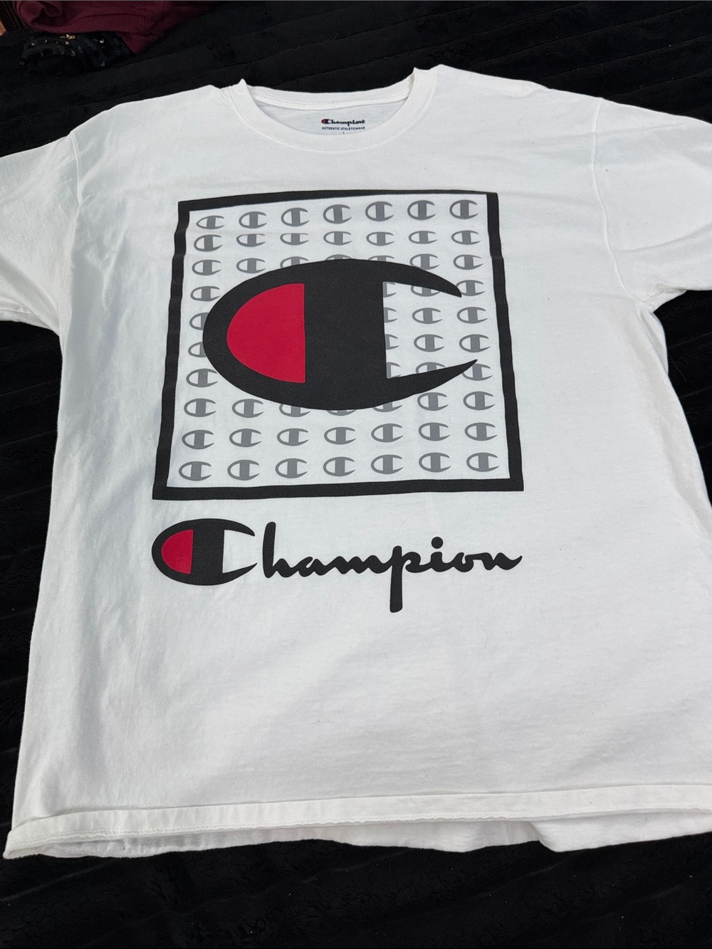 Champion White Short-Sleeve Tee with Black & Red Logo